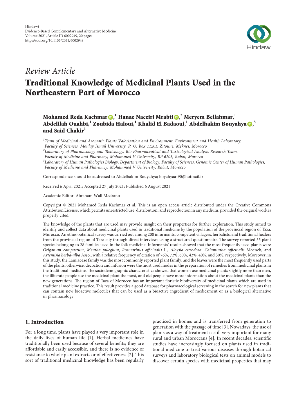 Review Article Traditional Knowledge of Medicinal Plants Used in the Northeastern Part of Morocco
