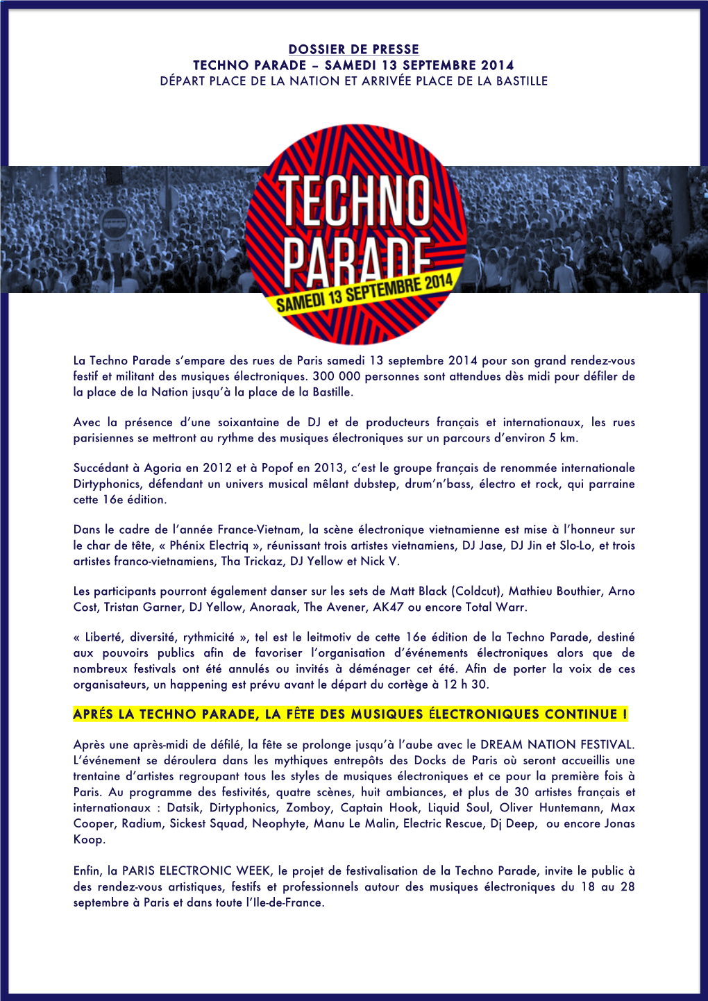 Dossier De Presse Techno Parade – Samedi 13 Septembre 2014 Départ Place De La Nation Et Arrivée Place De La Bastille