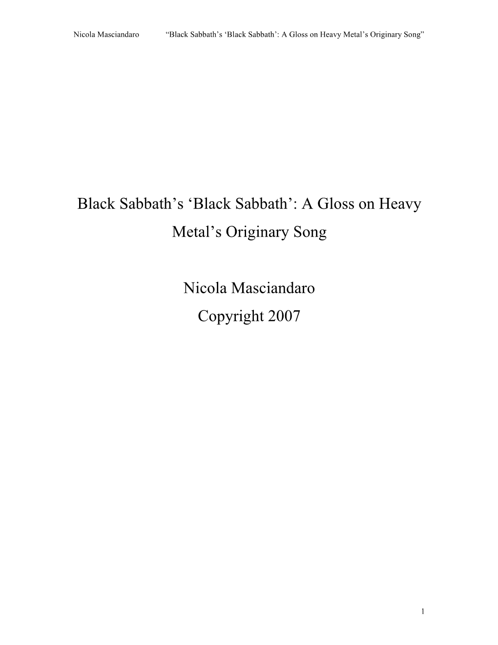 Black Sabbath’S ‘Black Sabbath’: a Gloss on Heavy Metal’S Originary Song”