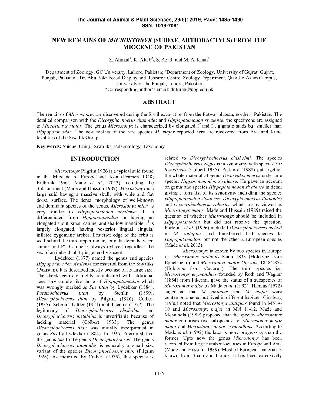 New Remains of Microstonyx (Suidae, Artiodactyls) from the Miocene of Pakistan