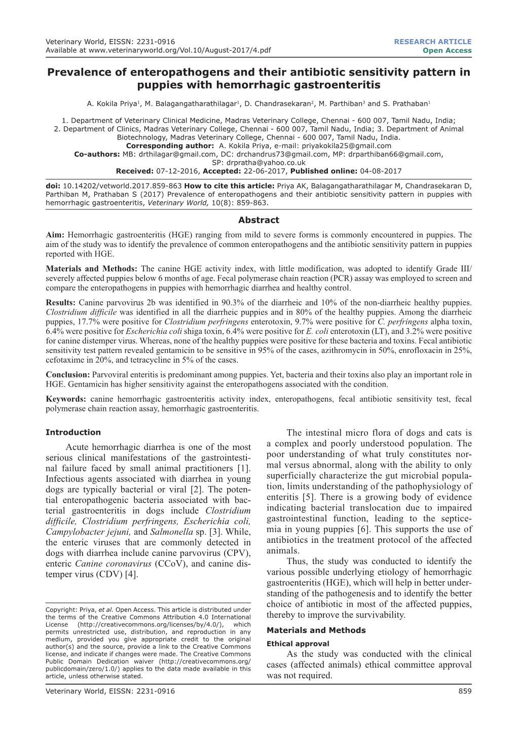 Prevalence of Enteropathogens and Their Antibiotic Sensitivity Pattern in Puppies with Hemorrhagic Gastroenteritis