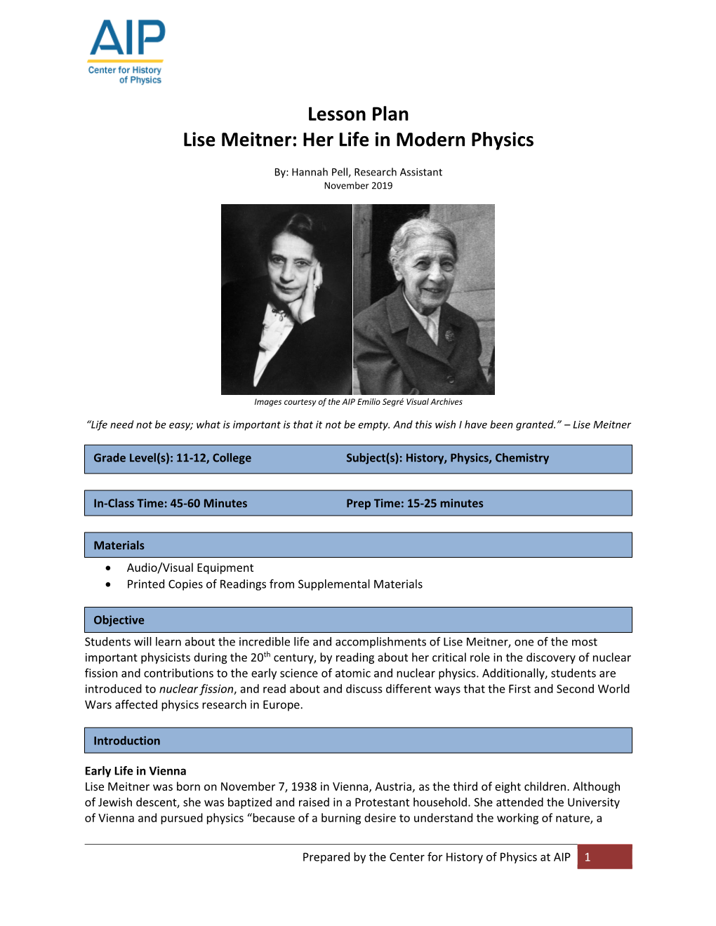 Lesson Plan Lise Meitner: Her Life in Modern Physics