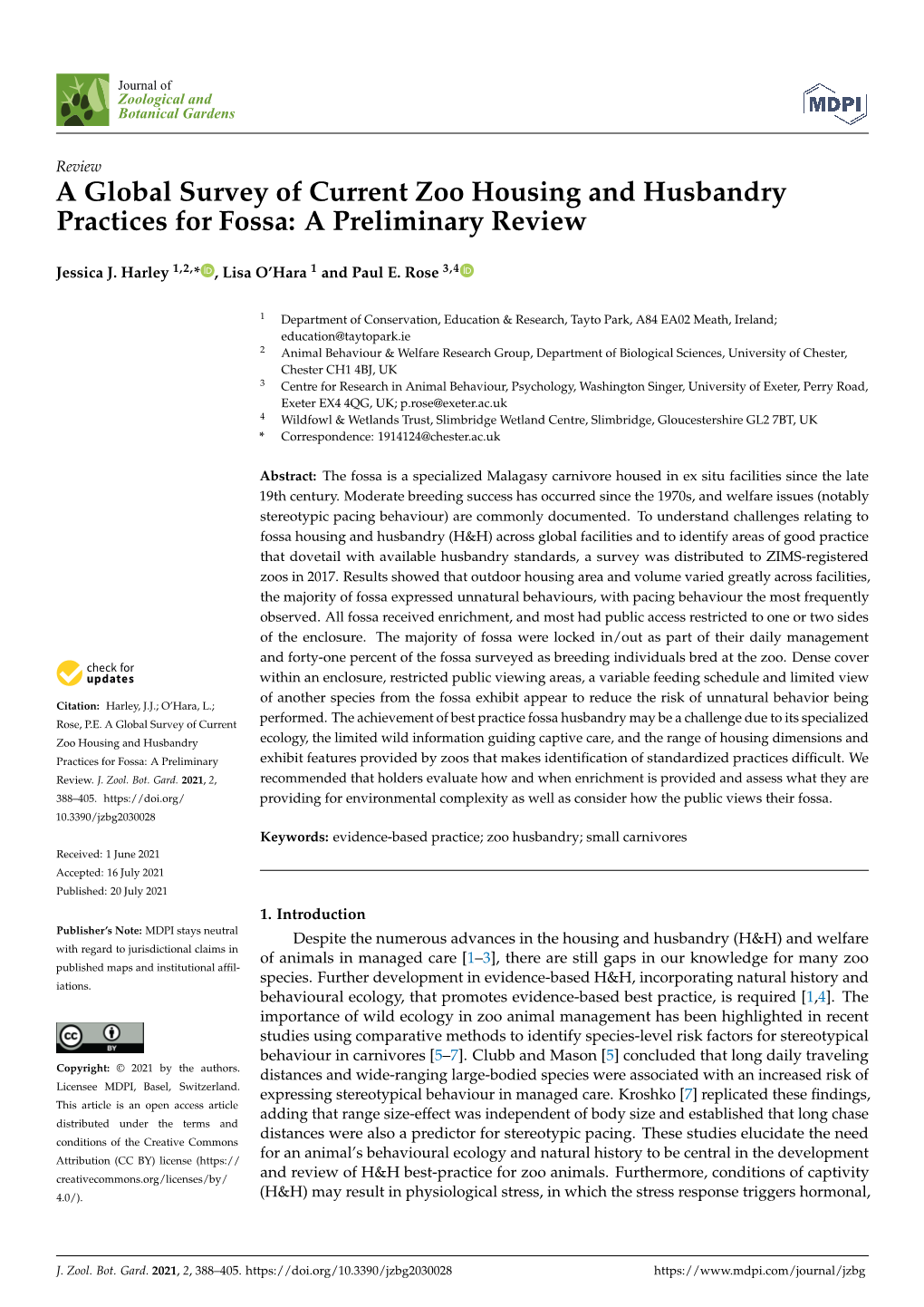 A Global Survey of Current Zoo Housing and Husbandry Practices for Fossa: a Preliminary Review