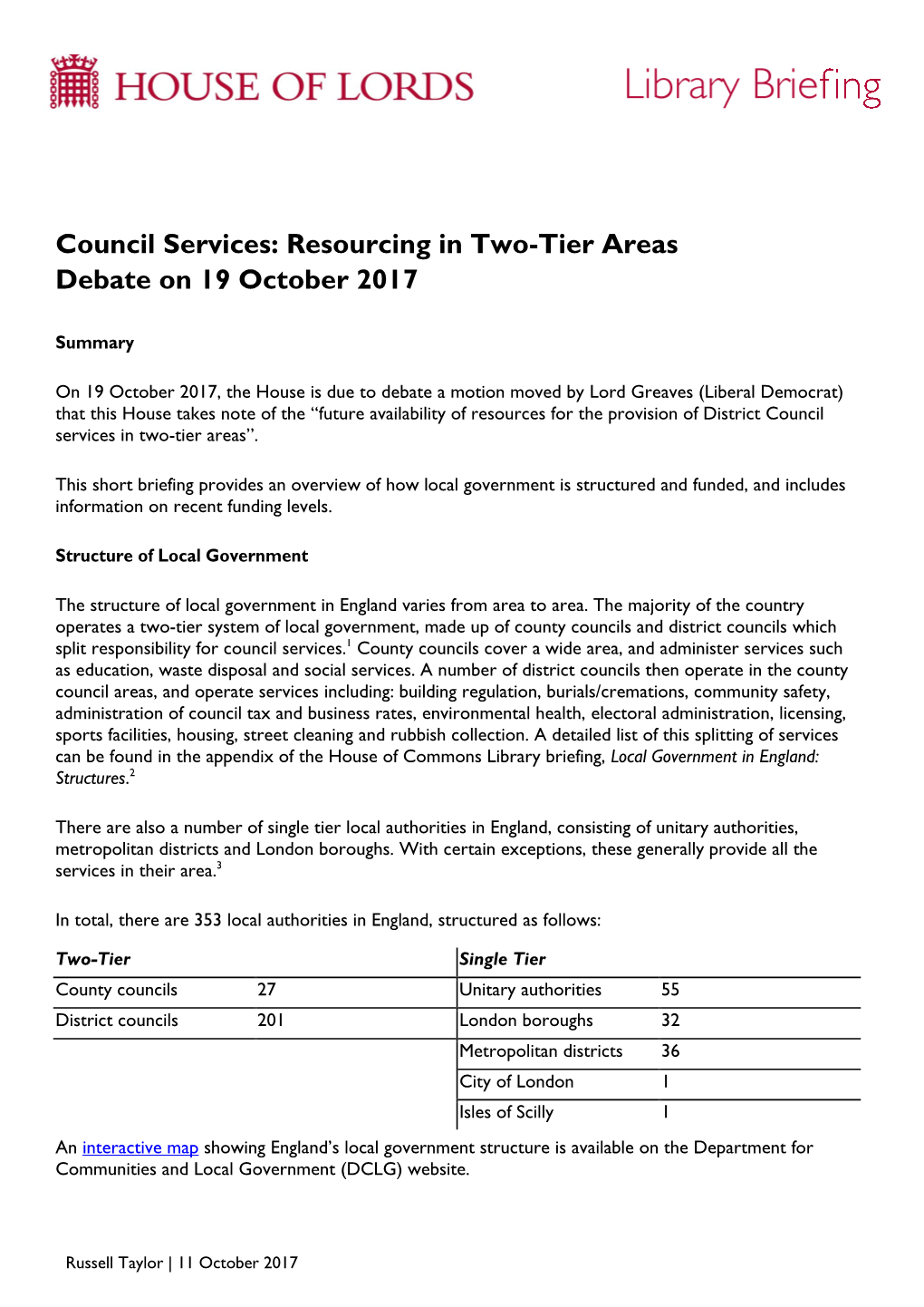 Council Services: Resourcing in Two-Tier Areas Debate on 19 October 2017