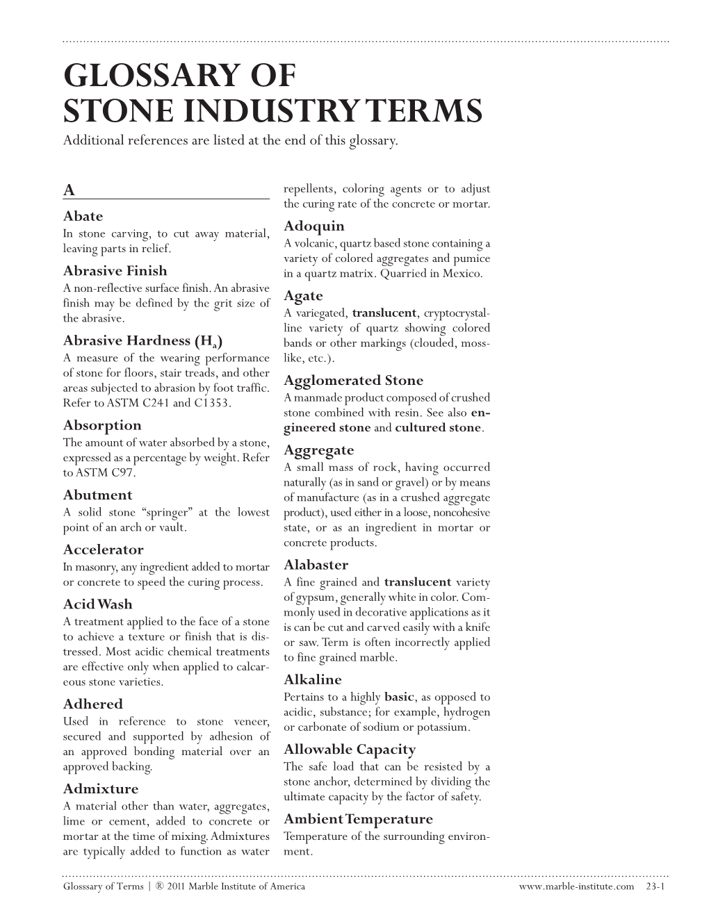 GLOSSARY of STONE INDUSTRY TERMS Additional References Are Listed at the End of This Glossary