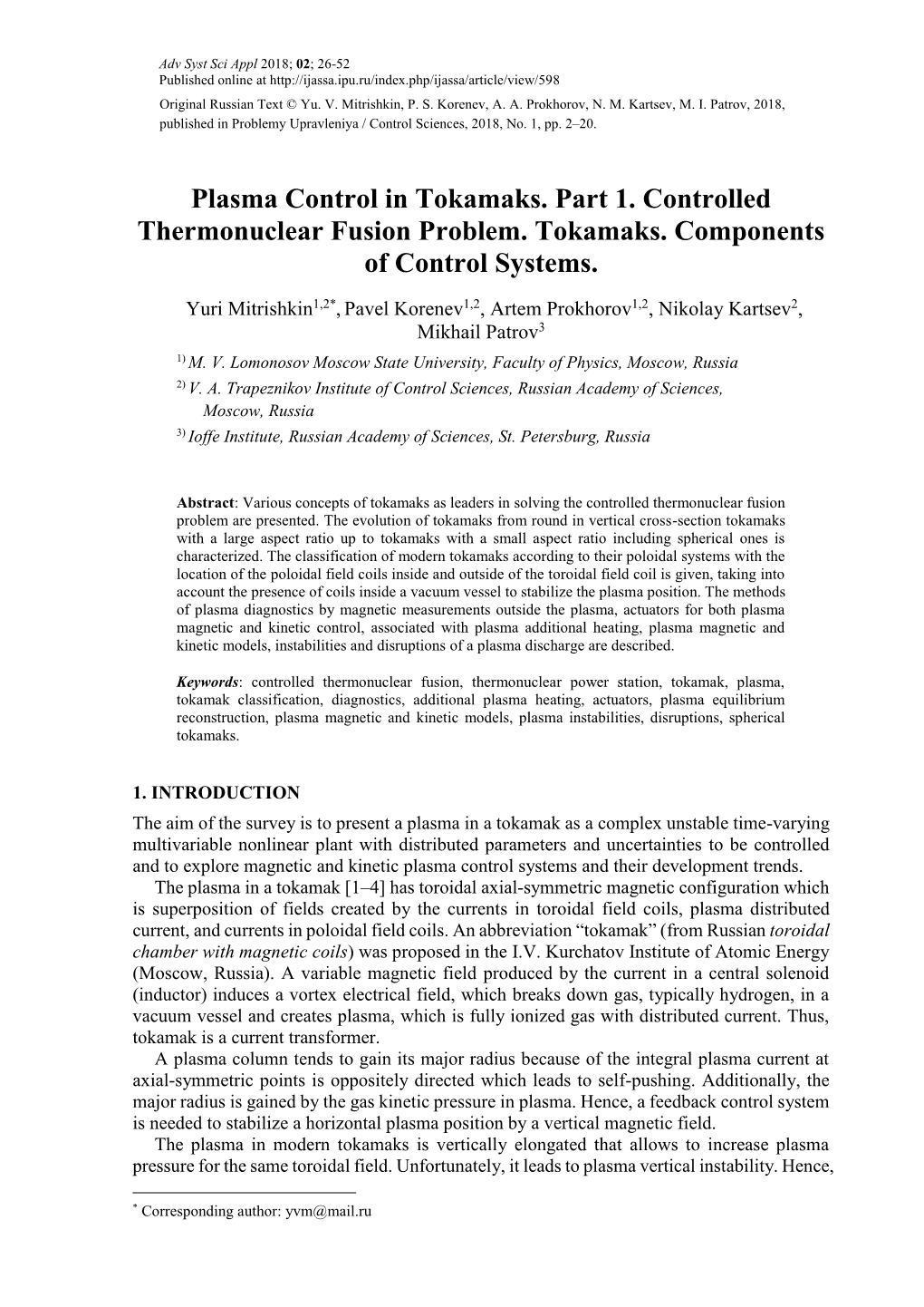 Plasma Control in Tokamaks. Part 1. Controlled Thermonuclear Fusion Problem