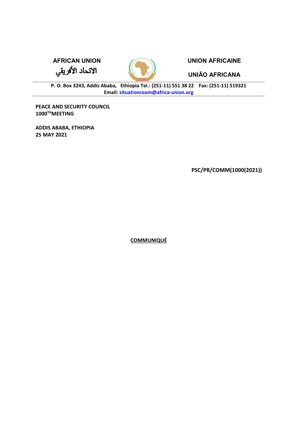 African Union Union Africaine União Africana Psc/Pr/Comm