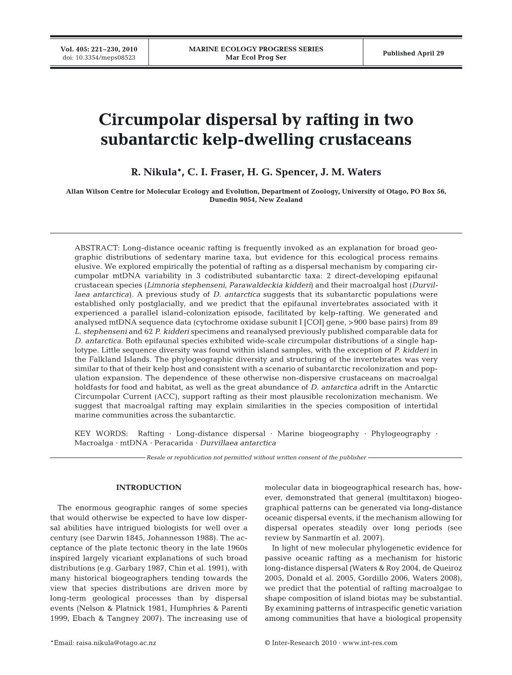 Circumpolar Dispersal by Rafting in Two Subantarctic Kelp-Dwelling Crustaceans