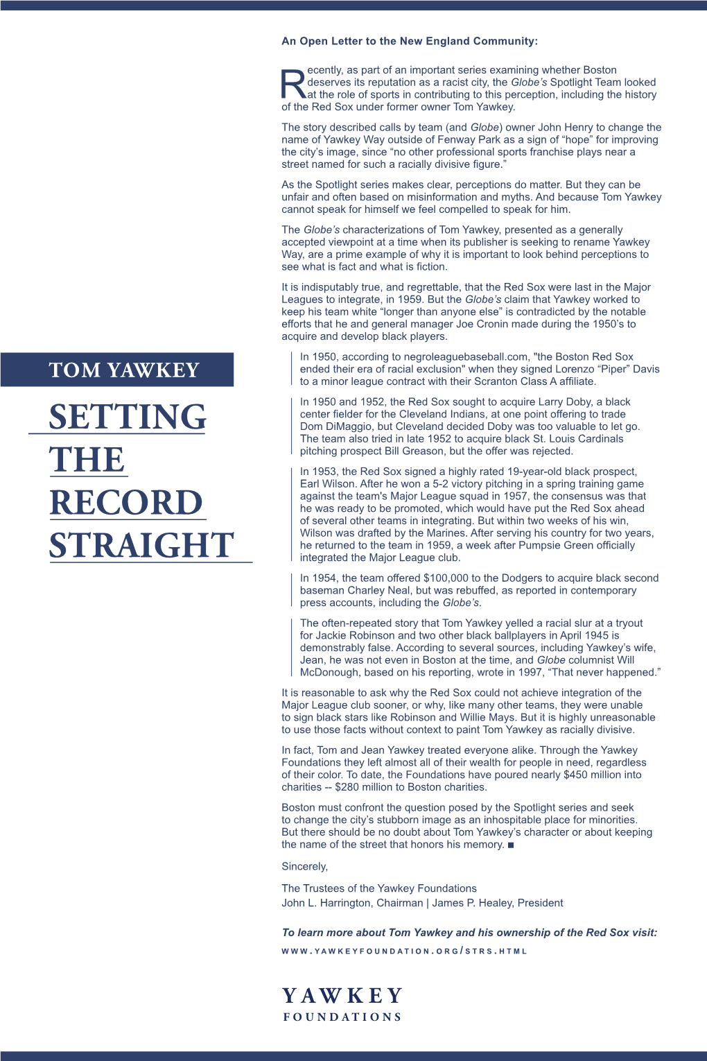 Tom Yawkey: Setting the Record Straight