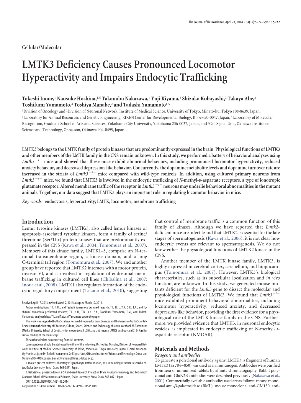 LMTK3 Deficiency Causes Pronounced Locomotor Hyperactivity and Impairs Endocytic Trafficking