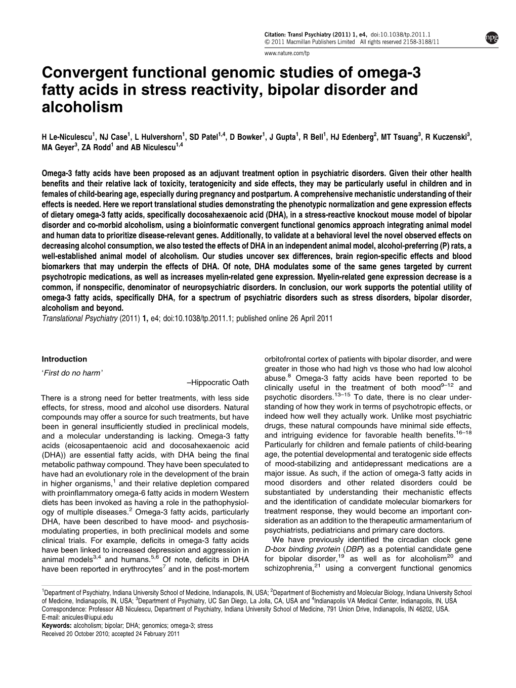 Convergent Functional Genomic Studies of Omega-3 Fatty Acids in Stress Reactivity, Bipolar Disorder and Alcoholism