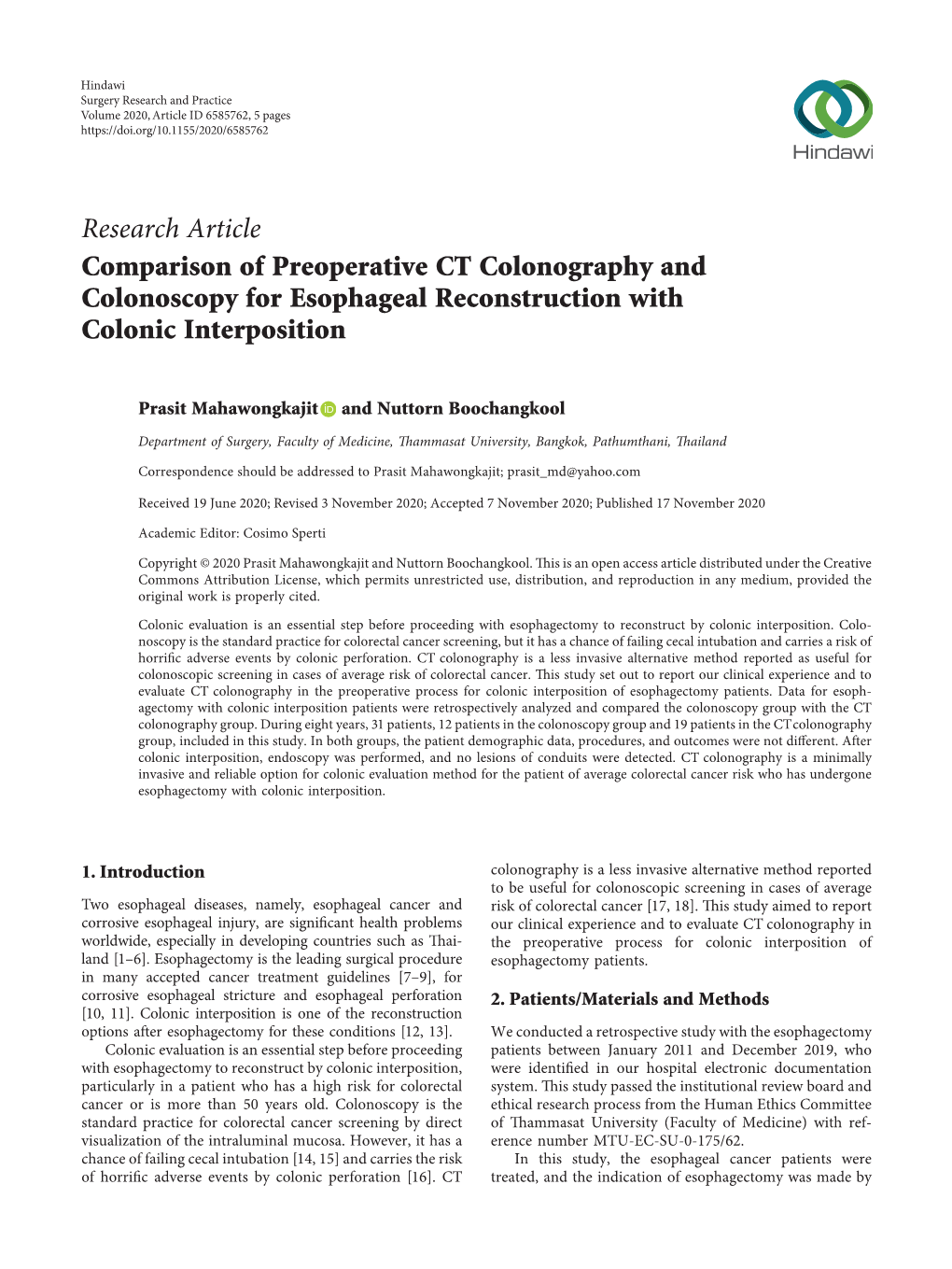 Comparison of Preoperative CT Colonography and Colonoscopy for Esophageal Reconstruction with Colonic Interposition