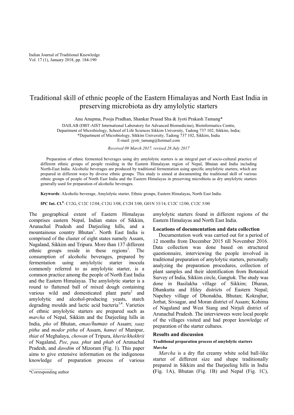 Traditional Skill of Ethnic People of the Eastern Himalayas and North East India in Preserving Microbiota As Dry Amylolytic Starters