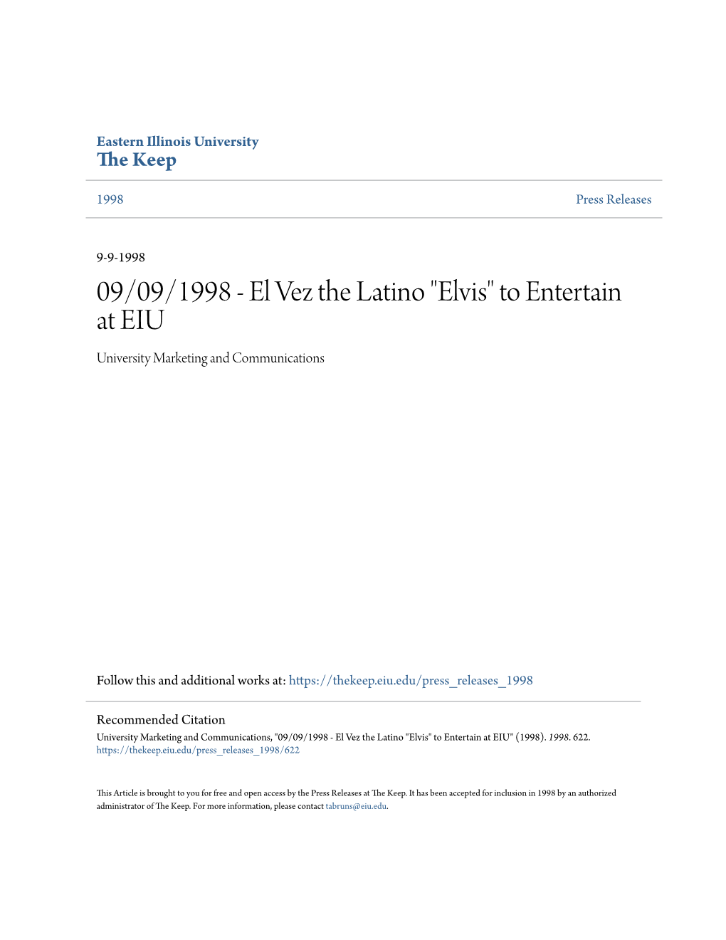 El Vez the Latino "Elvis" to Entertain at EIU University Marketing and Communications
