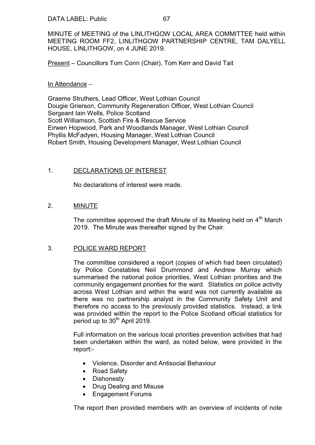 Public 67 MINUTE of MEETING of the LINLITHGOW LOCAL AREA