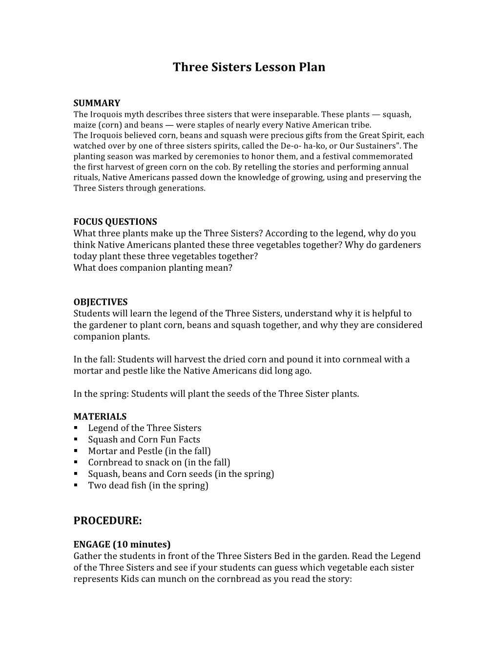 Three Sisters Lesson Plan