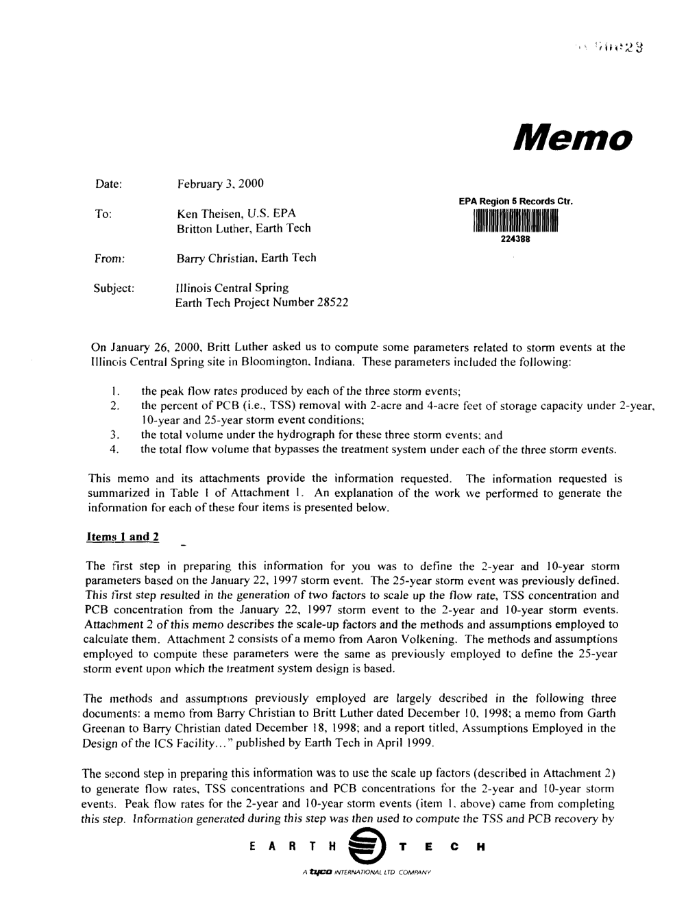 Earth Tech Memo Re Information Related To