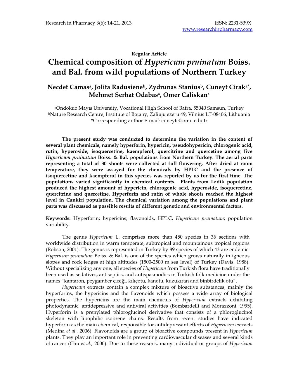 Chemical Composition of Hypericum Pruinatum Boiss. and Bal. from Wild Populations of Northern Turkey