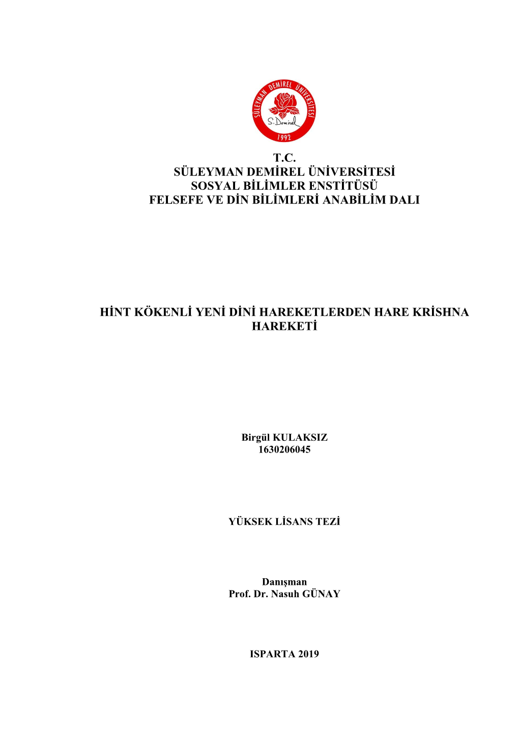 T.C. Süleyman Demirel Üniversitesi Sosyal Bilimler Enstitüsü Felsefe Ve Din Bilimleri Anabilim Dali