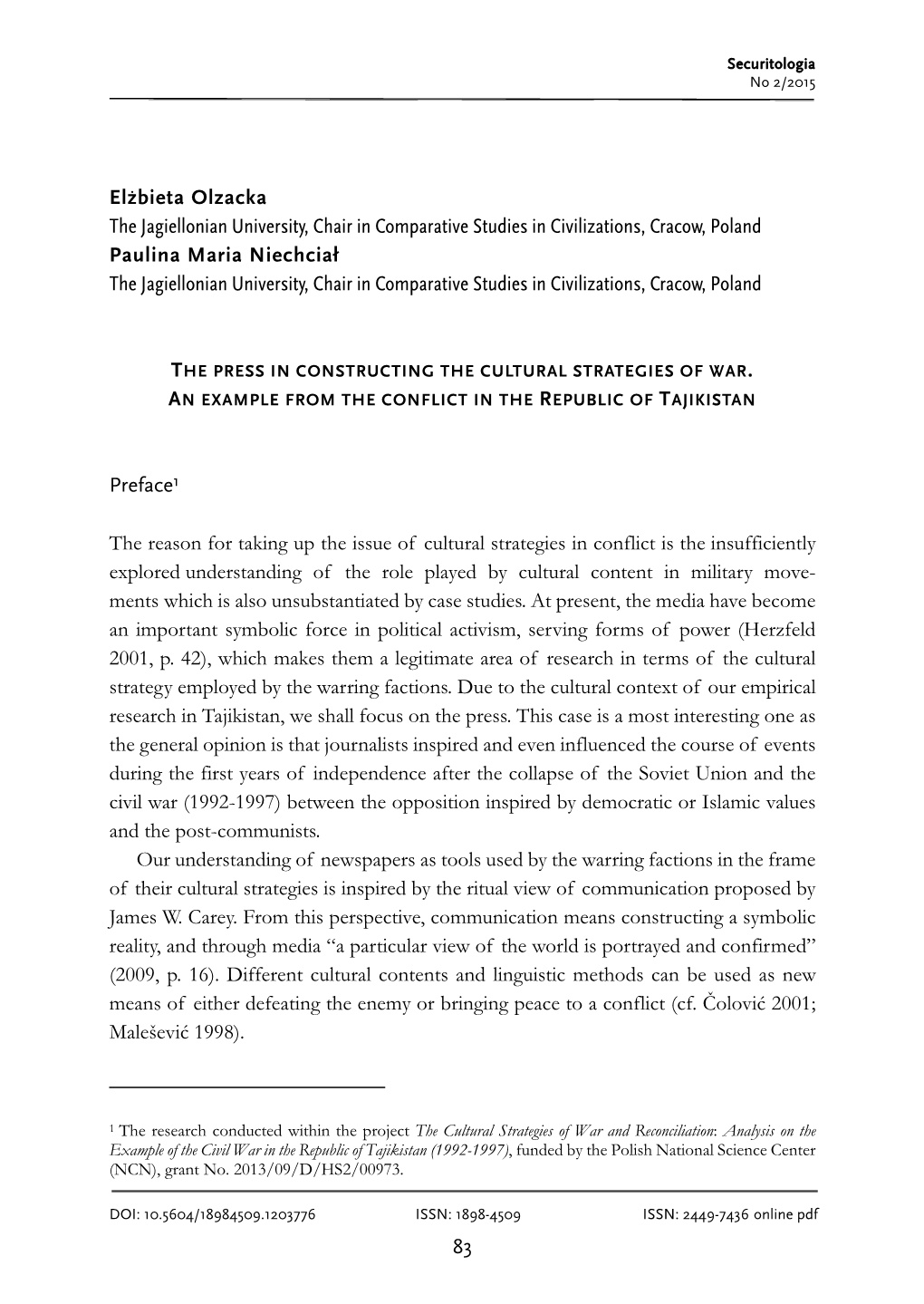 The Press in Constructing the Cultural Strategies of War. an Example from the Conflict in the Republic of Tajikistan