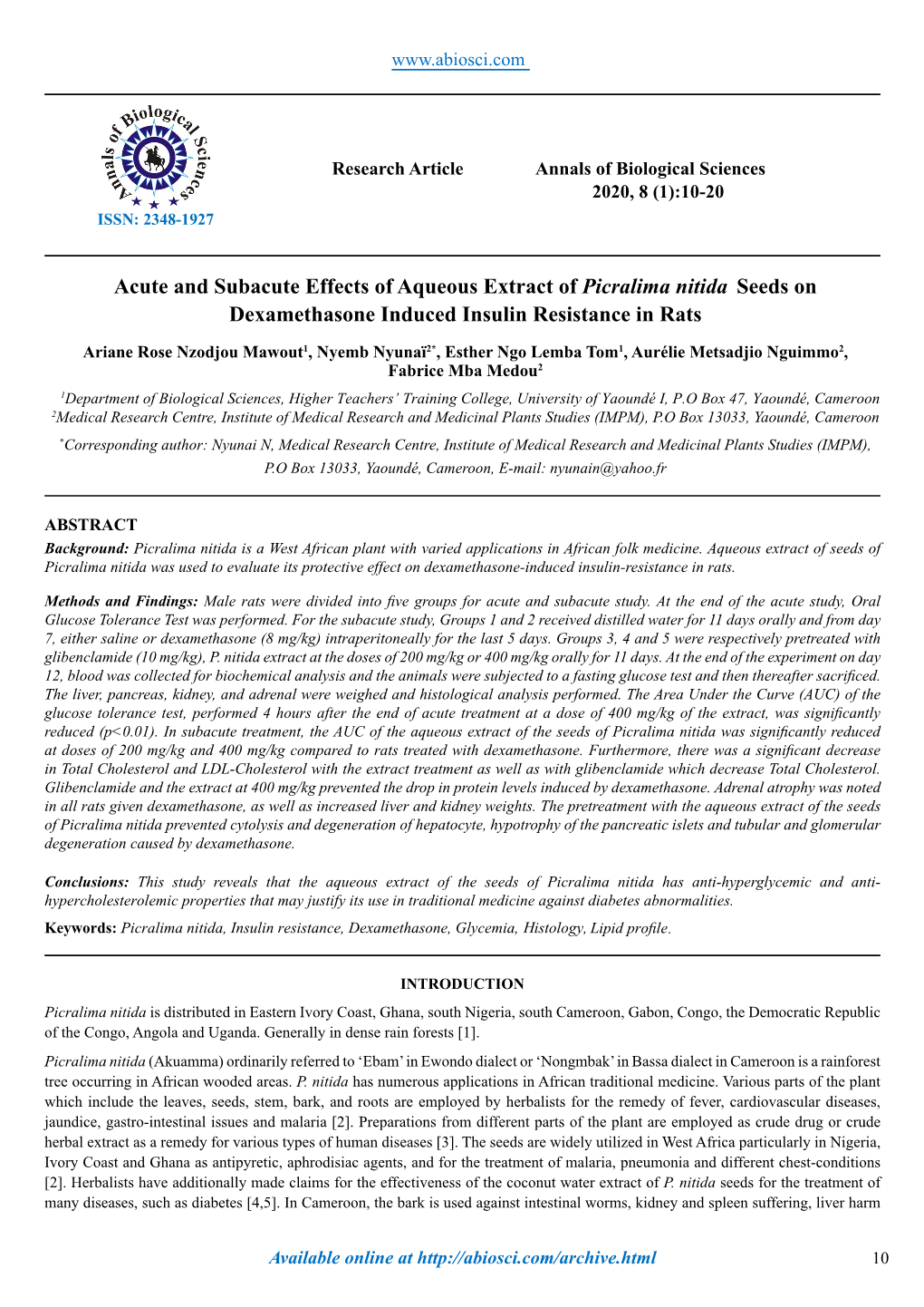 Acute and Subacute Effects of Aqueous Extract of Picralima Nitida Seeds on Dexamethasone Induced Insulin Resistance in Rats