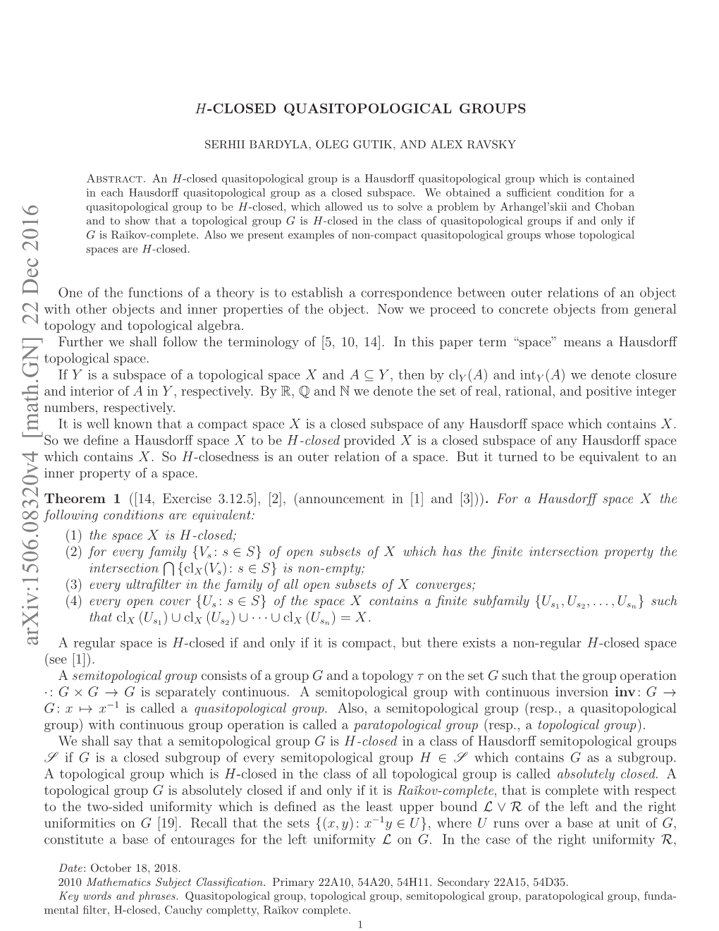 $ H $-Closed Quasitopological Groups