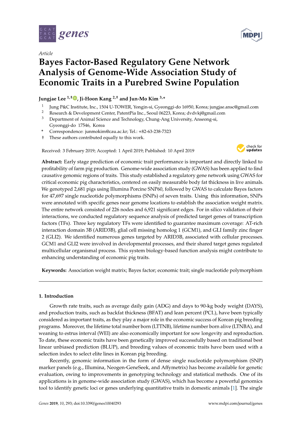 Bayes Factor-Based Regulatory Gene Network Analysis of Genome-Wide Association Study of Economic Traits in a Purebred Swine Population