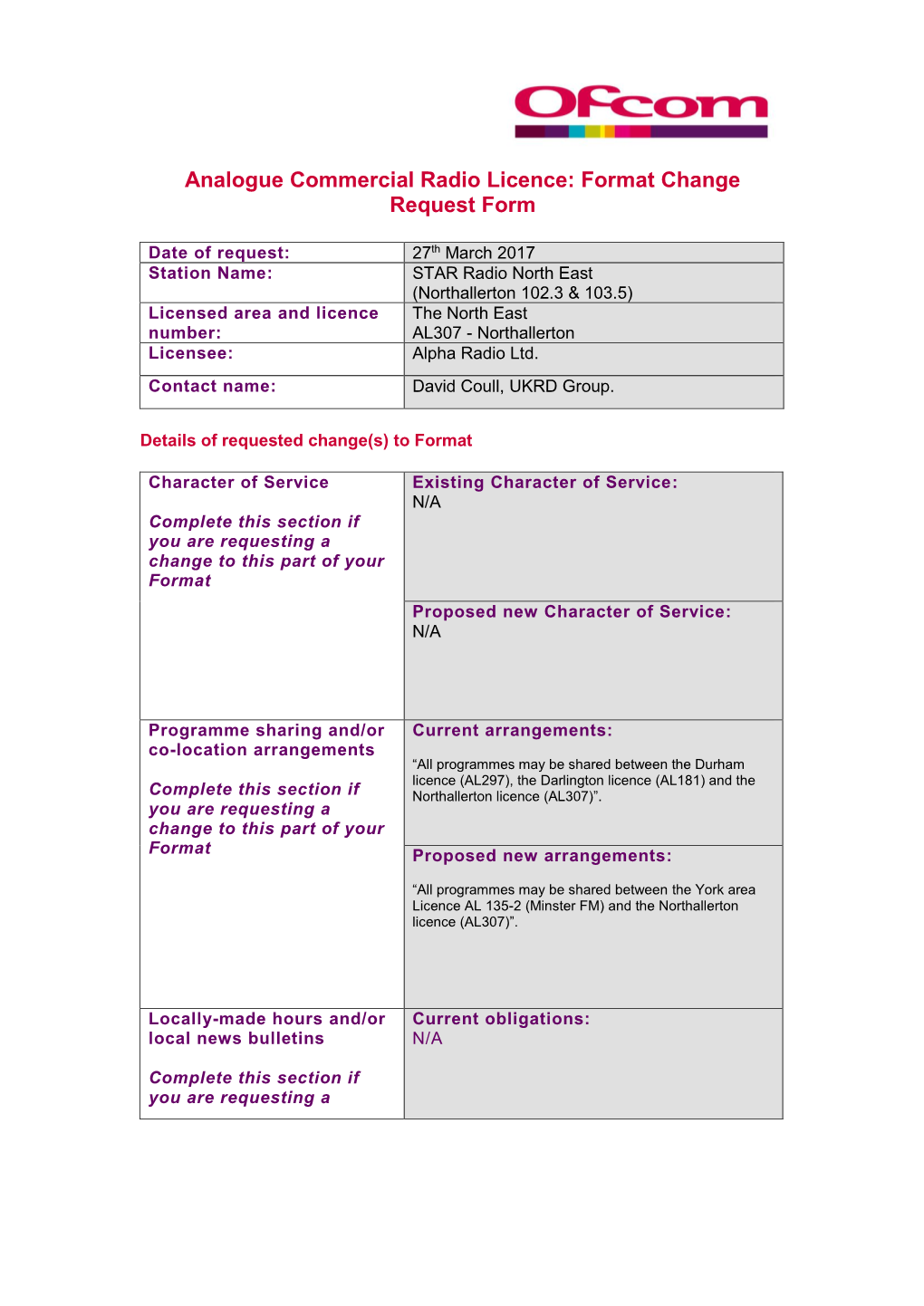 Analogue Commercial Radio Licence: Format Change Request Form