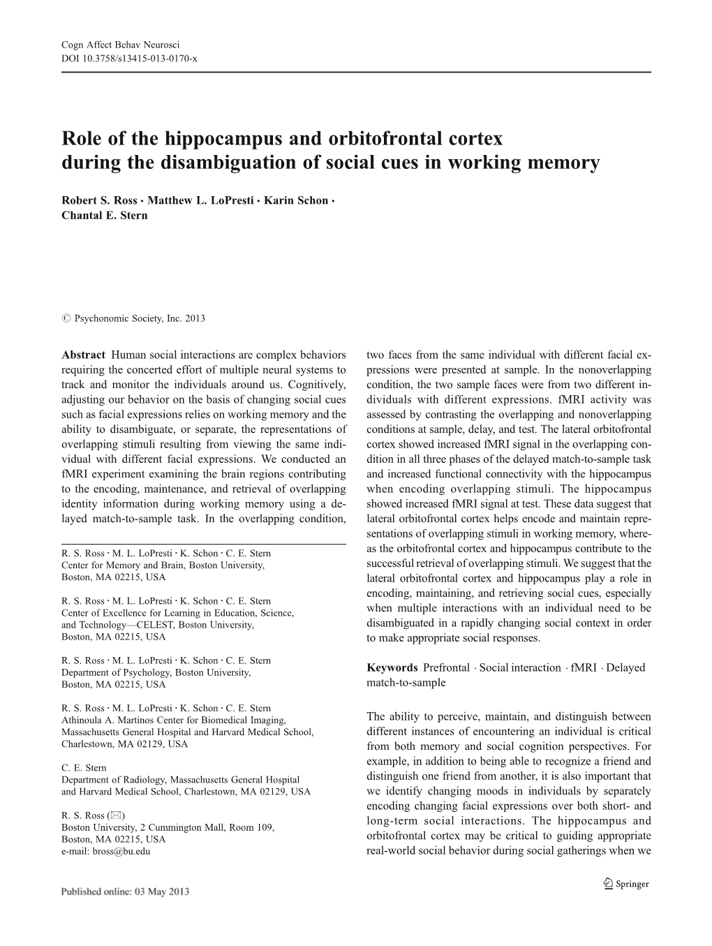 Role of the Hippocampus and Orbitofrontal Cortex During the Disambiguation of Social Cues in Working Memory