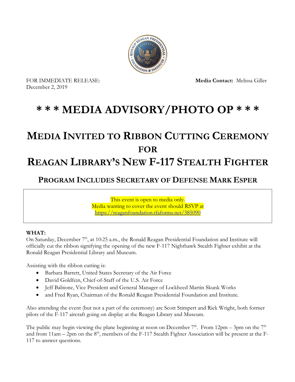 * * * Media Advisory/Photo Op * * * Reagan Library's New F-117