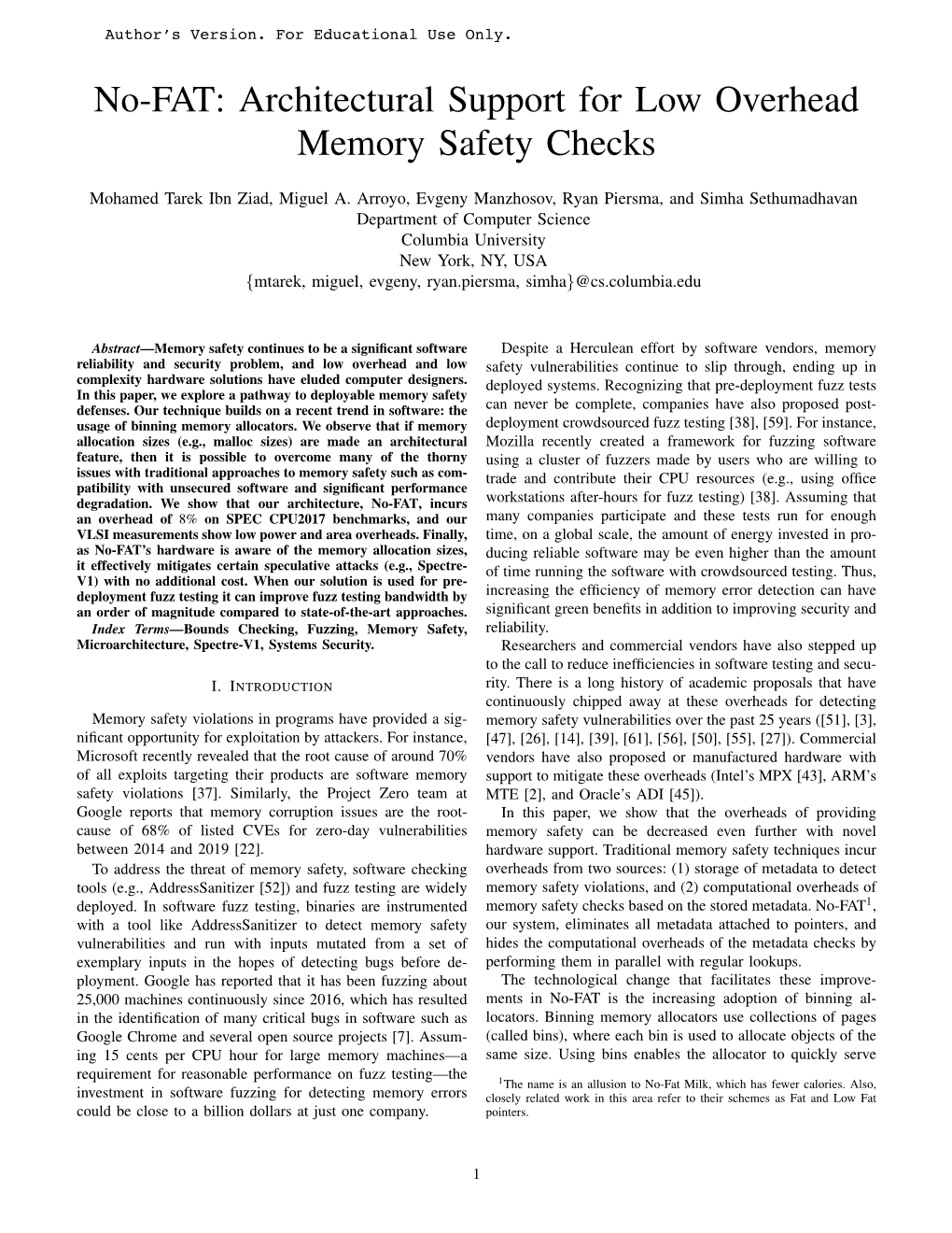 No-FAT: Architectural Support for Low Overhead Memory Safety Checks