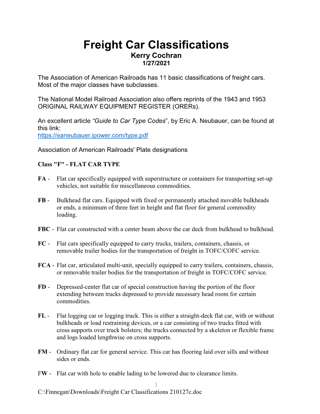 Freight Car Classifications Kerry Cochran 1/27/2021