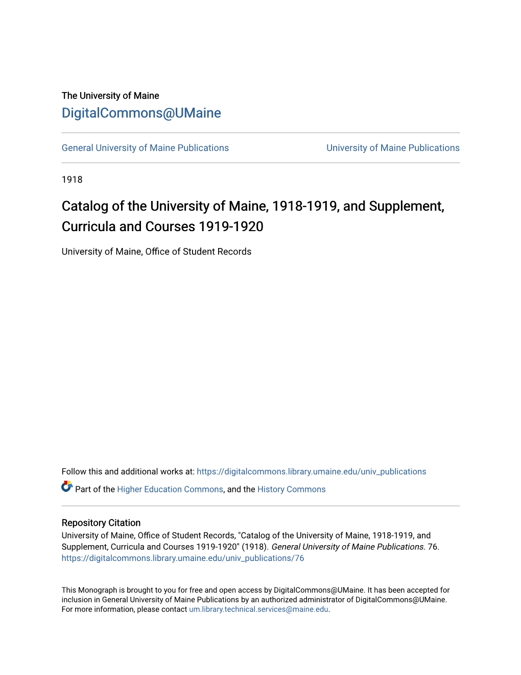 Catalog of the University of Maine, 1918-1919, and Supplement, Curricula and Courses 1919-1920