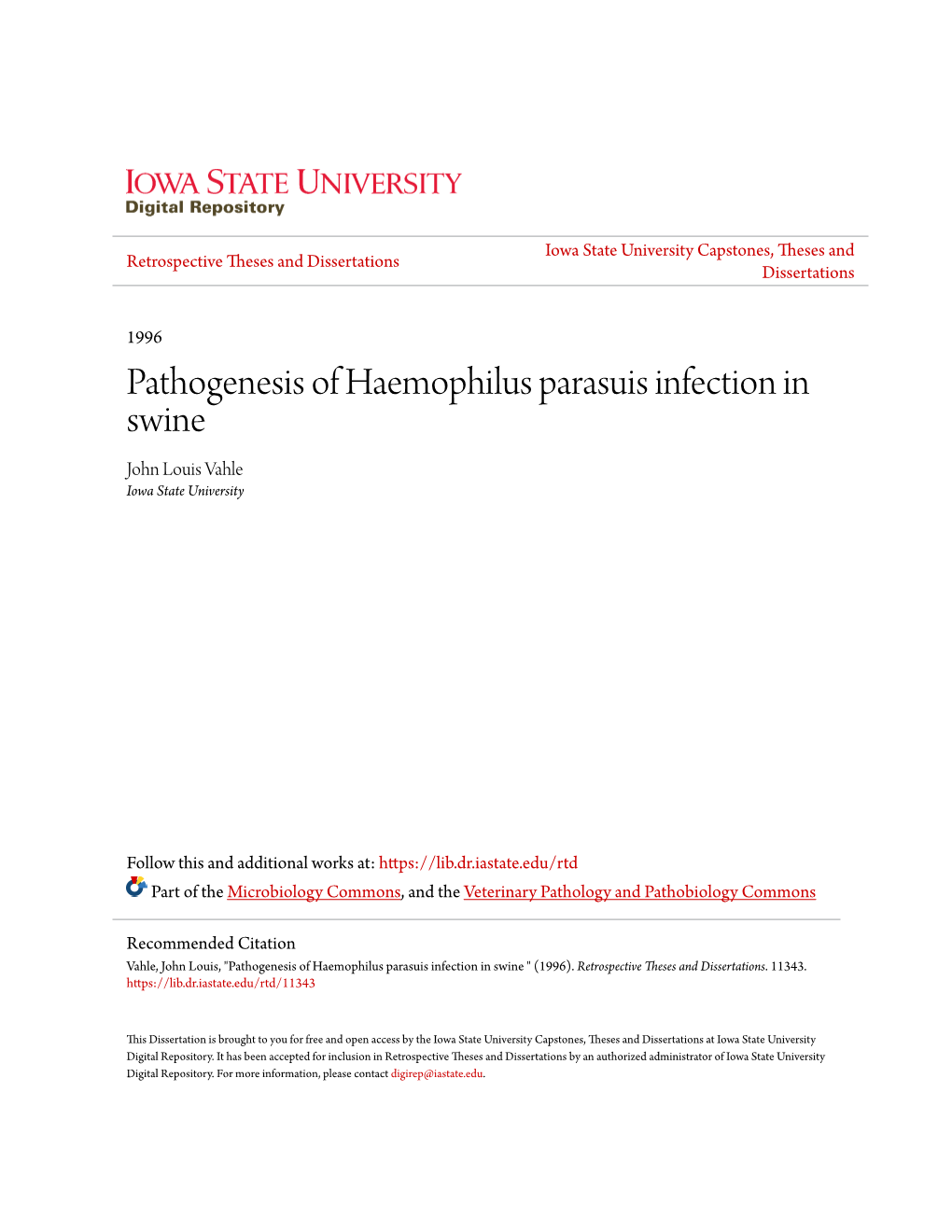 Pathogenesis of Haemophilus Parasuis Infection in Swine John Louis Vahle Iowa State University