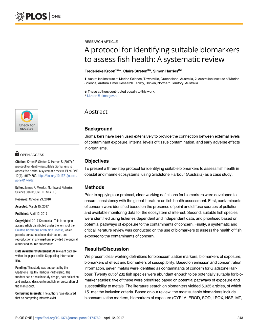 A Protocol for Identifying Suitable Biomarkers to Assess Fish Health: a Systematic Review