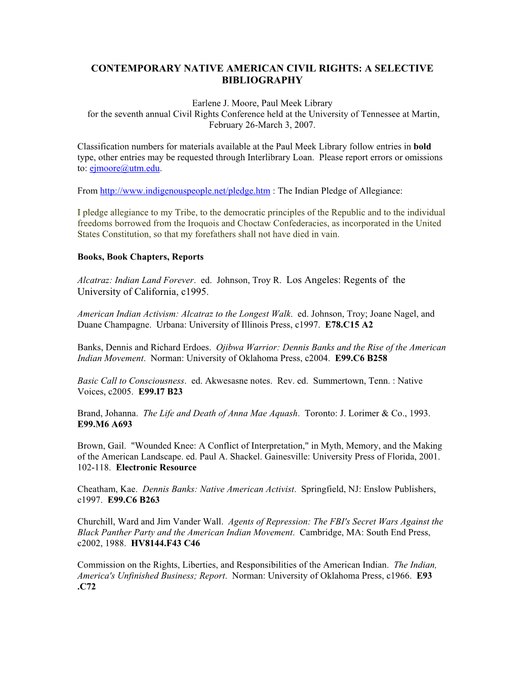 Contemporary Native American Civil Rights: a Selective Bibliography