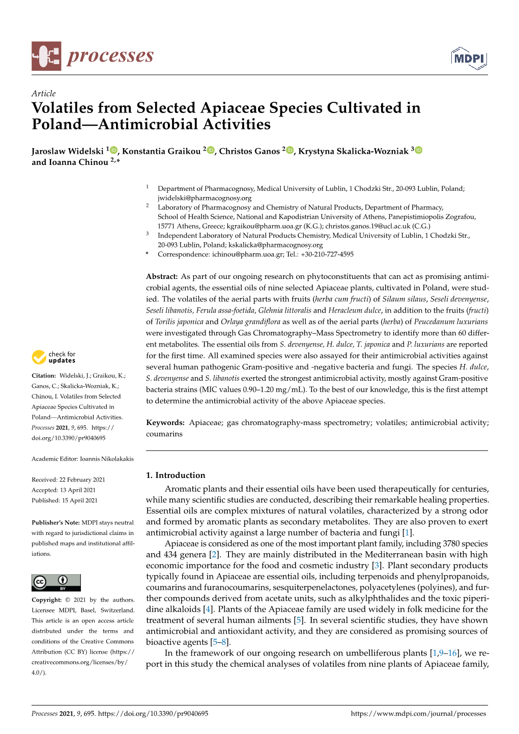 Volatiles from Selected Apiaceae Species Cultivated in Poland—Antimicrobial Activities