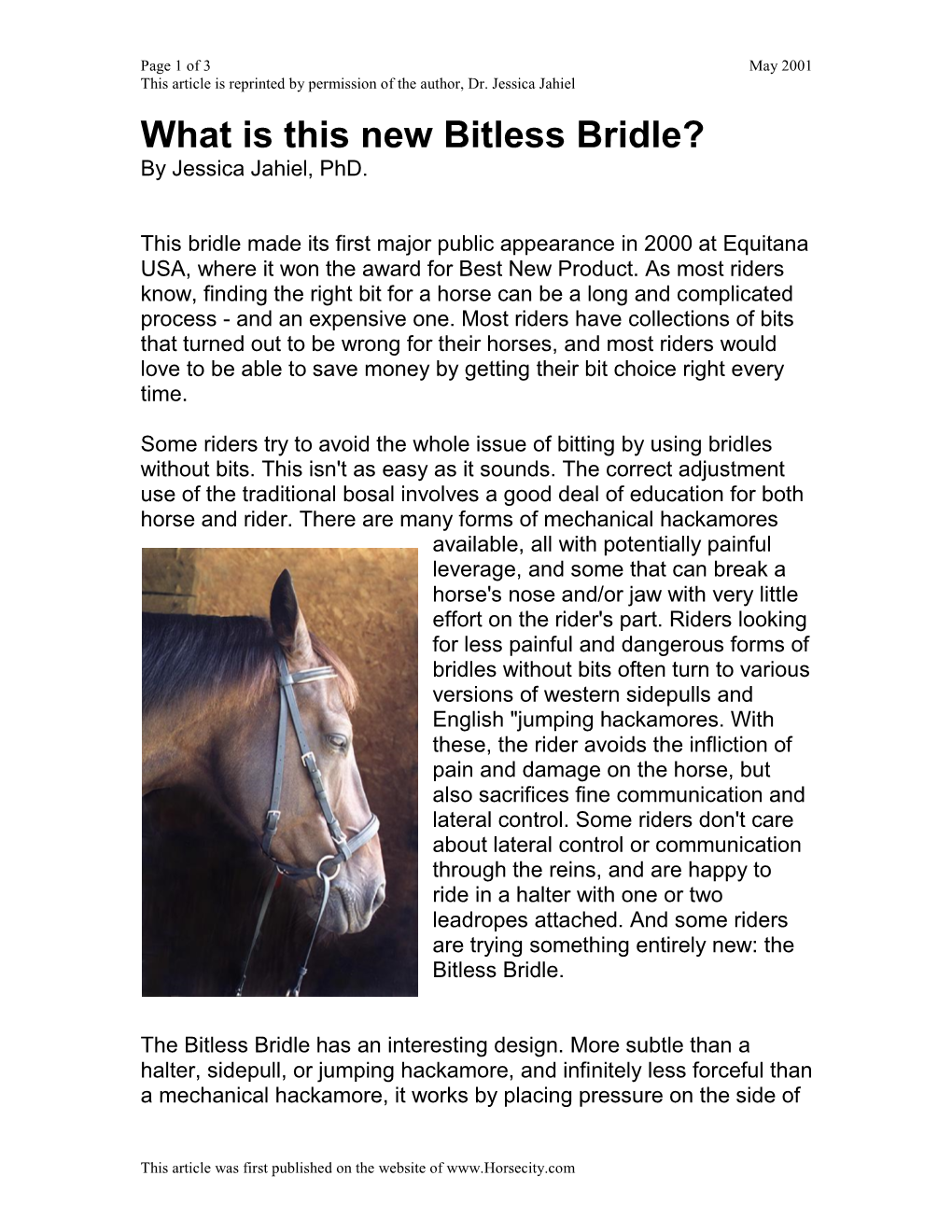 What Is This New Bitless Bridle? by Jessica Jahiel, Phd