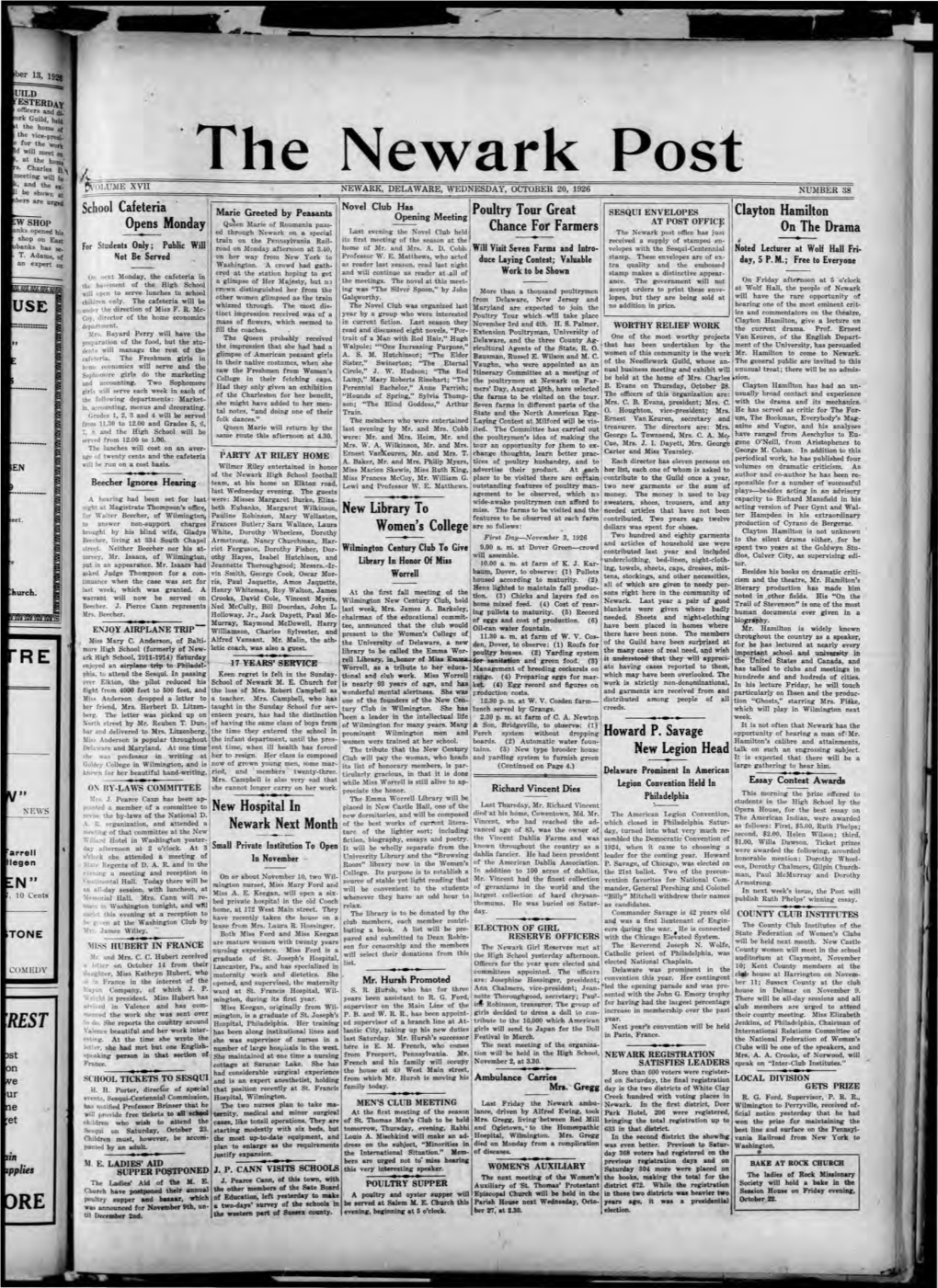 The Newark Post ~ ' ~~Rm~~Nt======~~~~~~~~~~~~~~~~~~~~~======' Ot! OLUME XVII NEWARK, DELAWARE, WEDNESDAY OCTOBER 20 1926 NUMBER 38