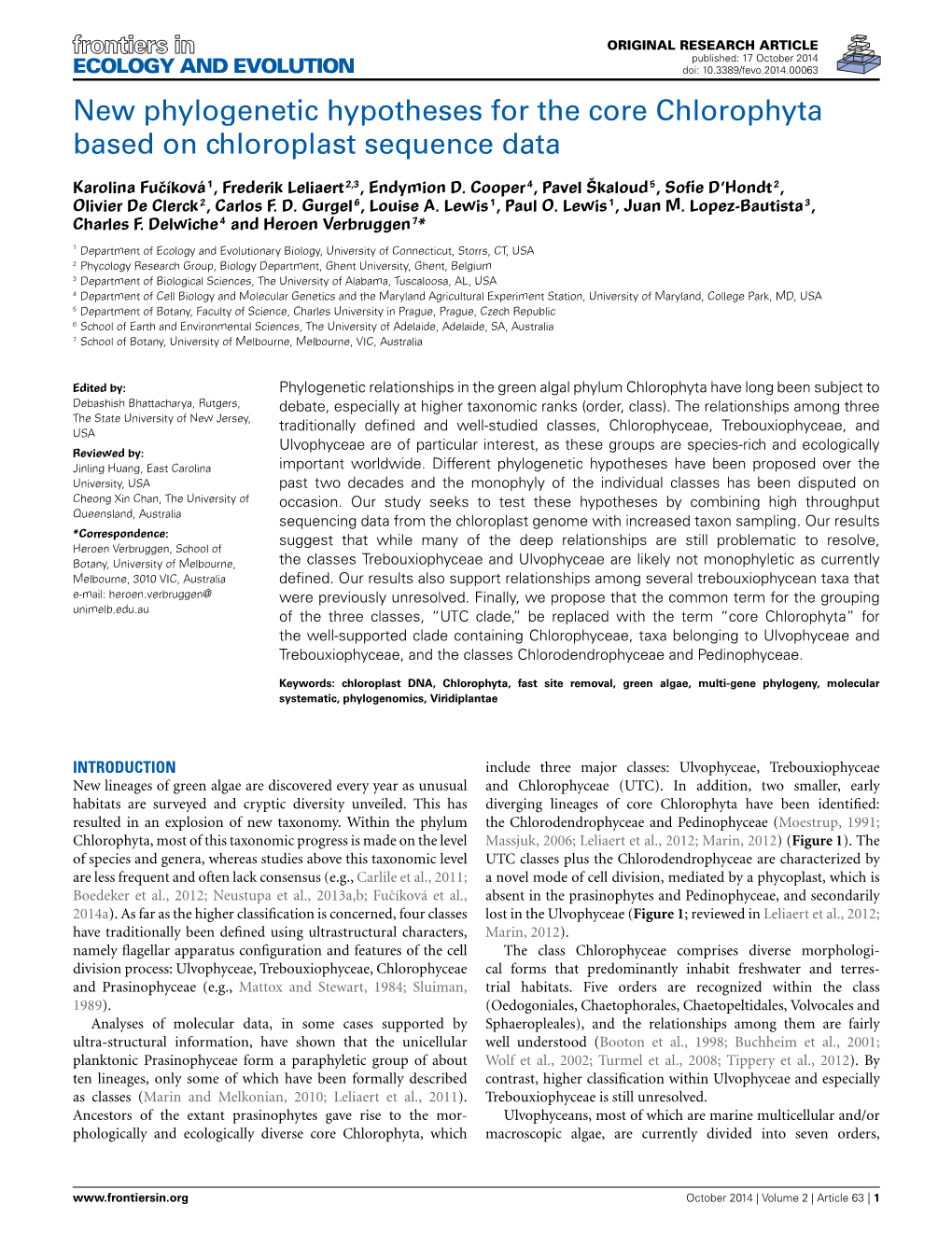 New Phylogenetic Hypotheses for the Core Chlorophyta Based on Chloroplast Sequence Data