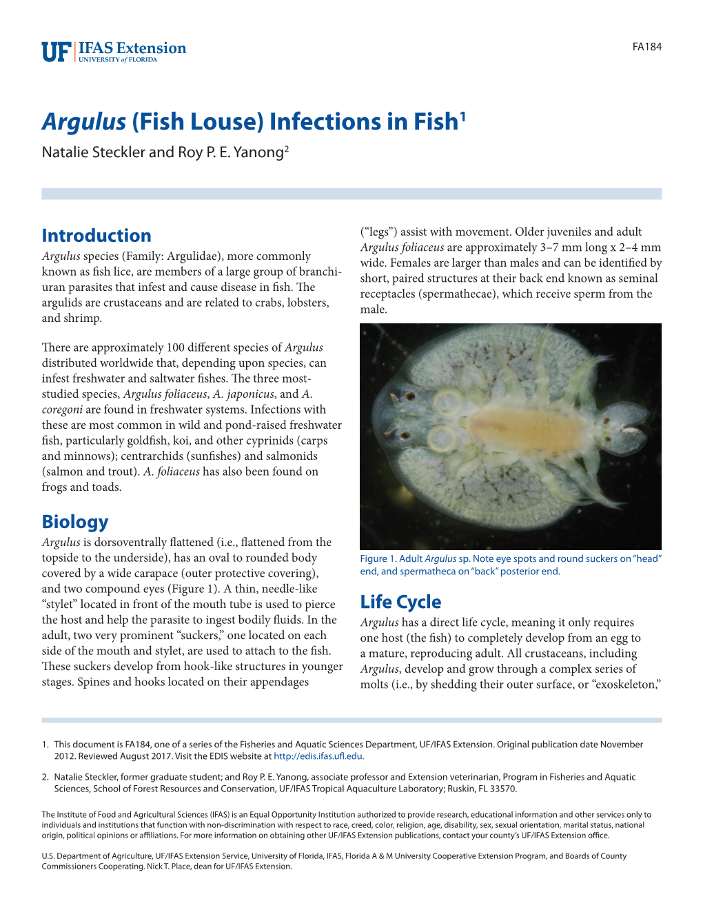 Argulus (Fish Louse) Infections in Fish1 Natalie Steckler and Roy P