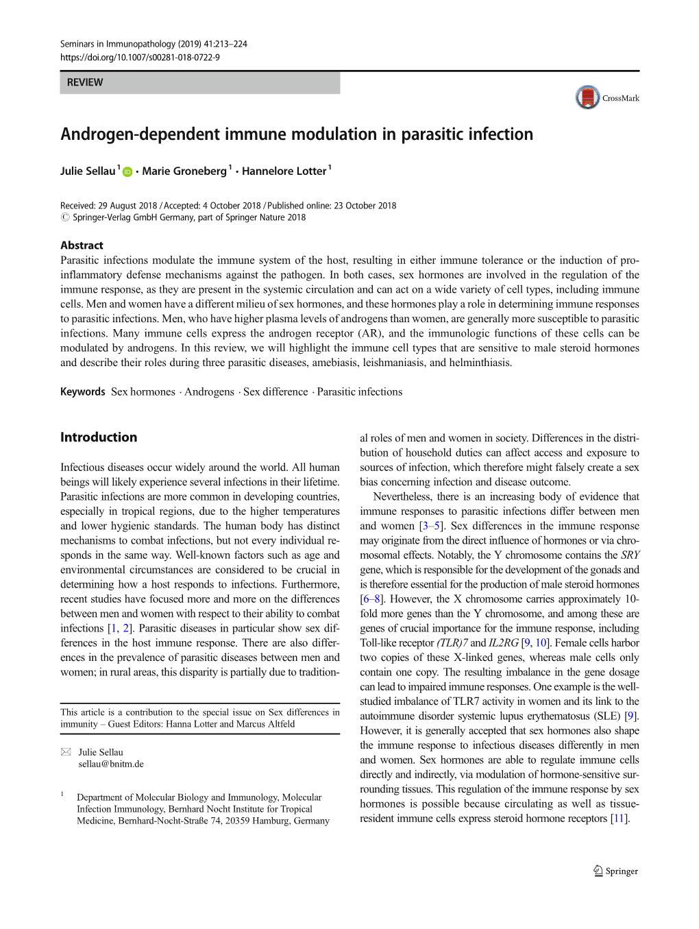 Androgen-Dependent Immune Modulation in Parasitic Infection