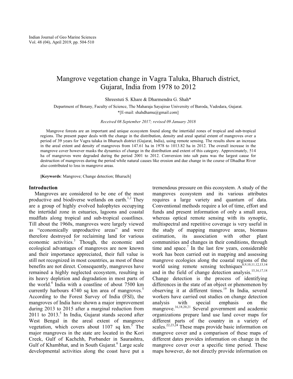 Mangrove Vegetation Change in Vagra Taluka, Bharuch District, Gujarat, India from 1978 to 2012
