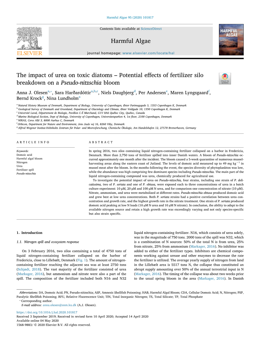 The Impact of Urea on Toxic Diatoms – Potential Effects of Fertilizer