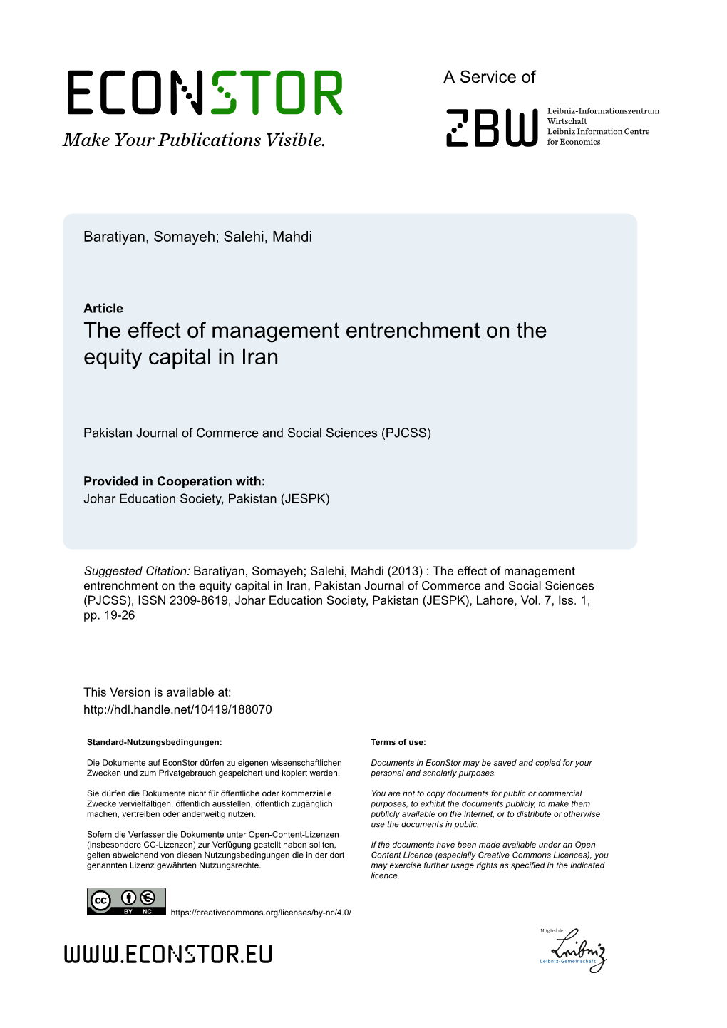 The Effect of Management Entrenchment on the Equity Capital in Iran
