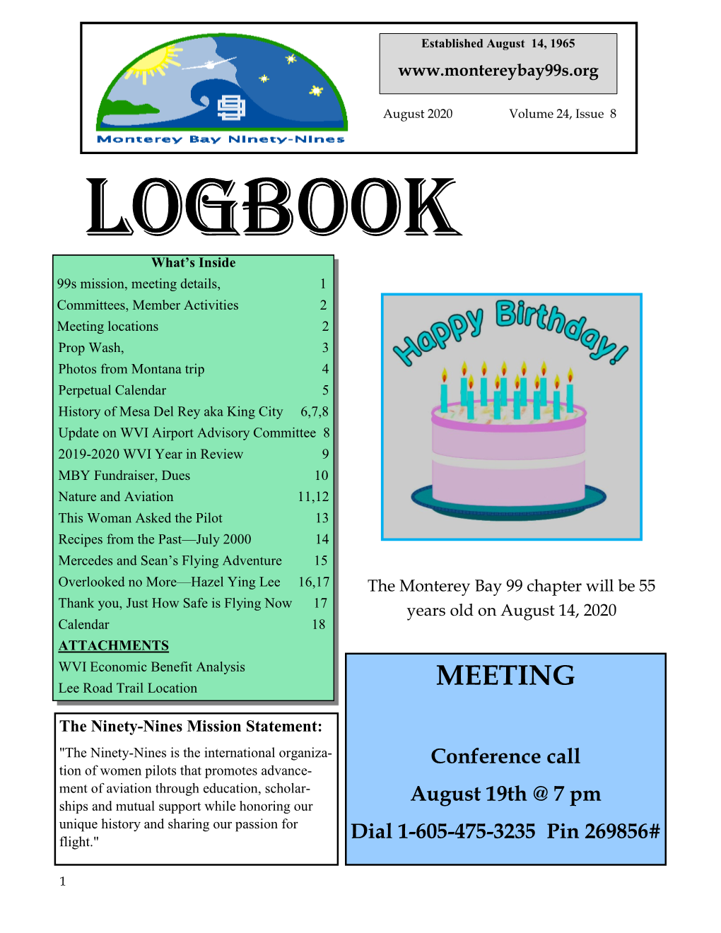 August 2020 Volume 24, Issue 8 Logbook What’S Inside 99S Mission, Meeting Details, 1 Committees, Member Activities 2 Meeting Locations 2