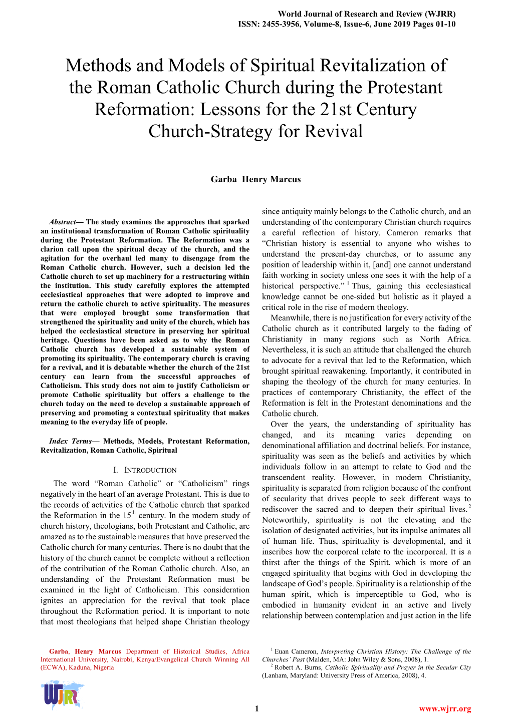 Methods and Models of Spiritual Revitalization of the Roman