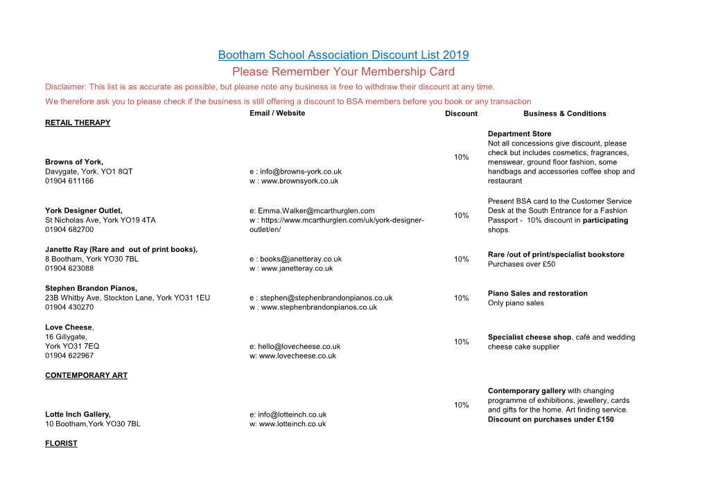 Bootham School Association Discount List 2019 Please Remember Your