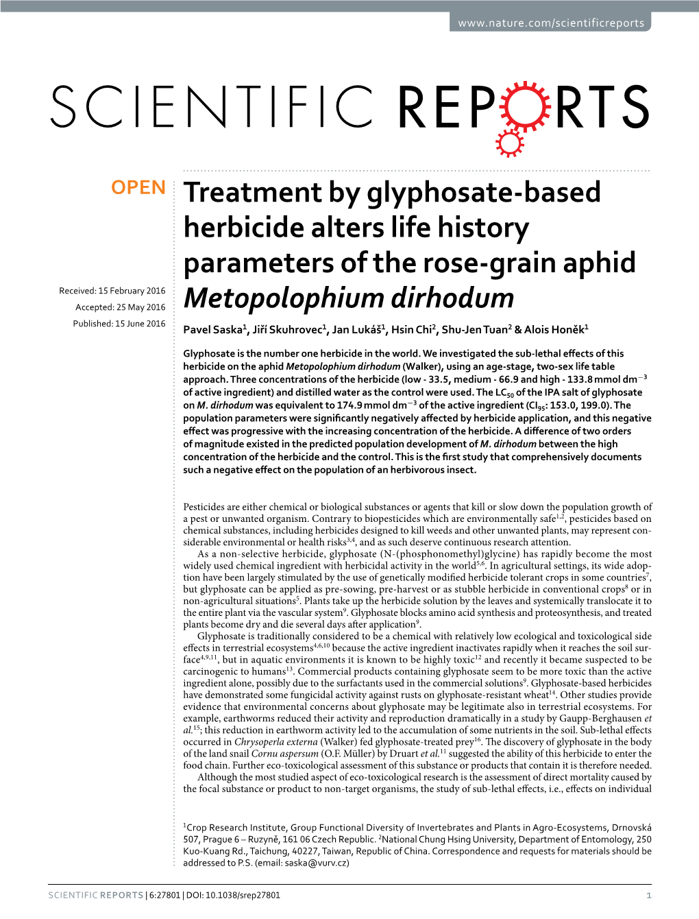 Treatment by Glyphosate-Based Herbicide Alters Life History