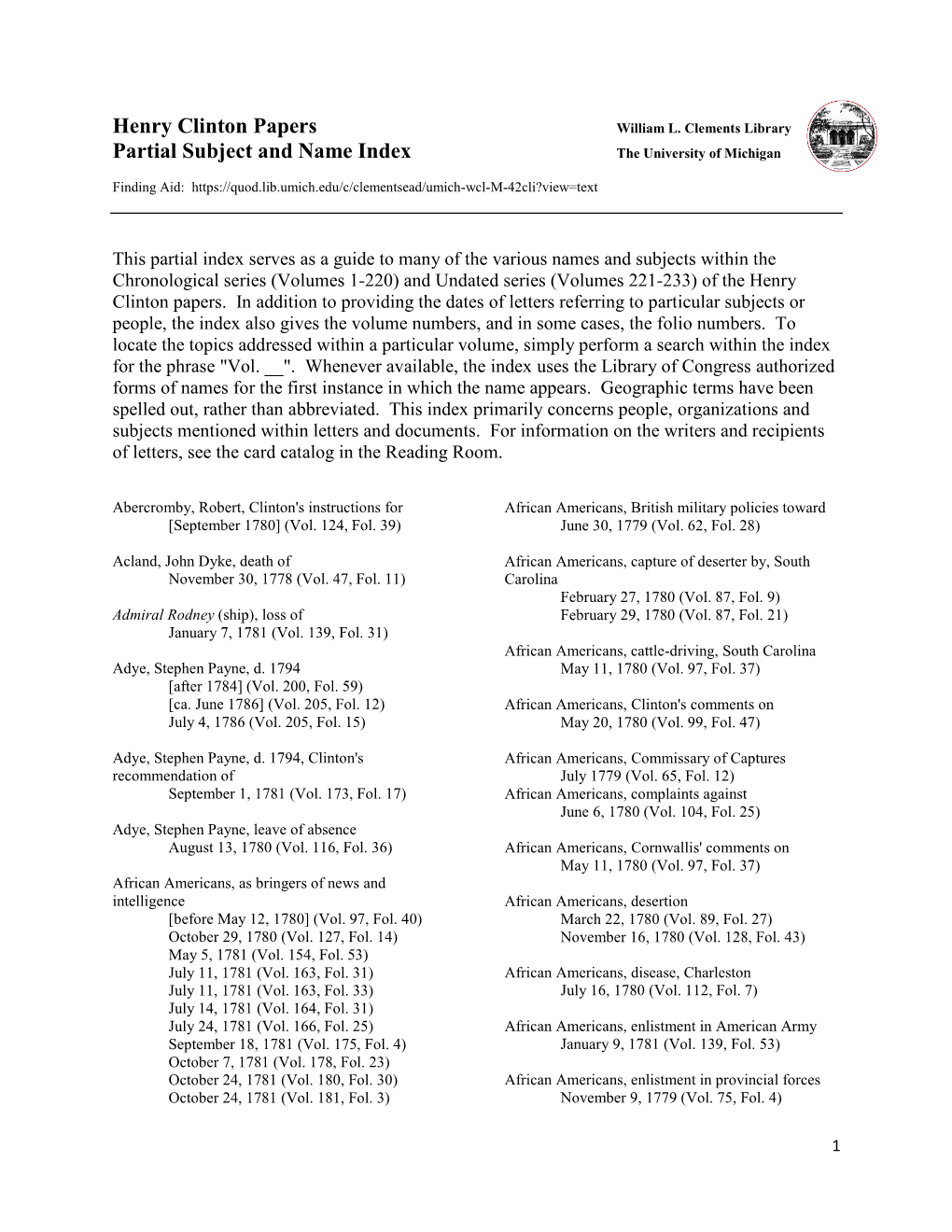 Henry Clinton Papers, Subject Index